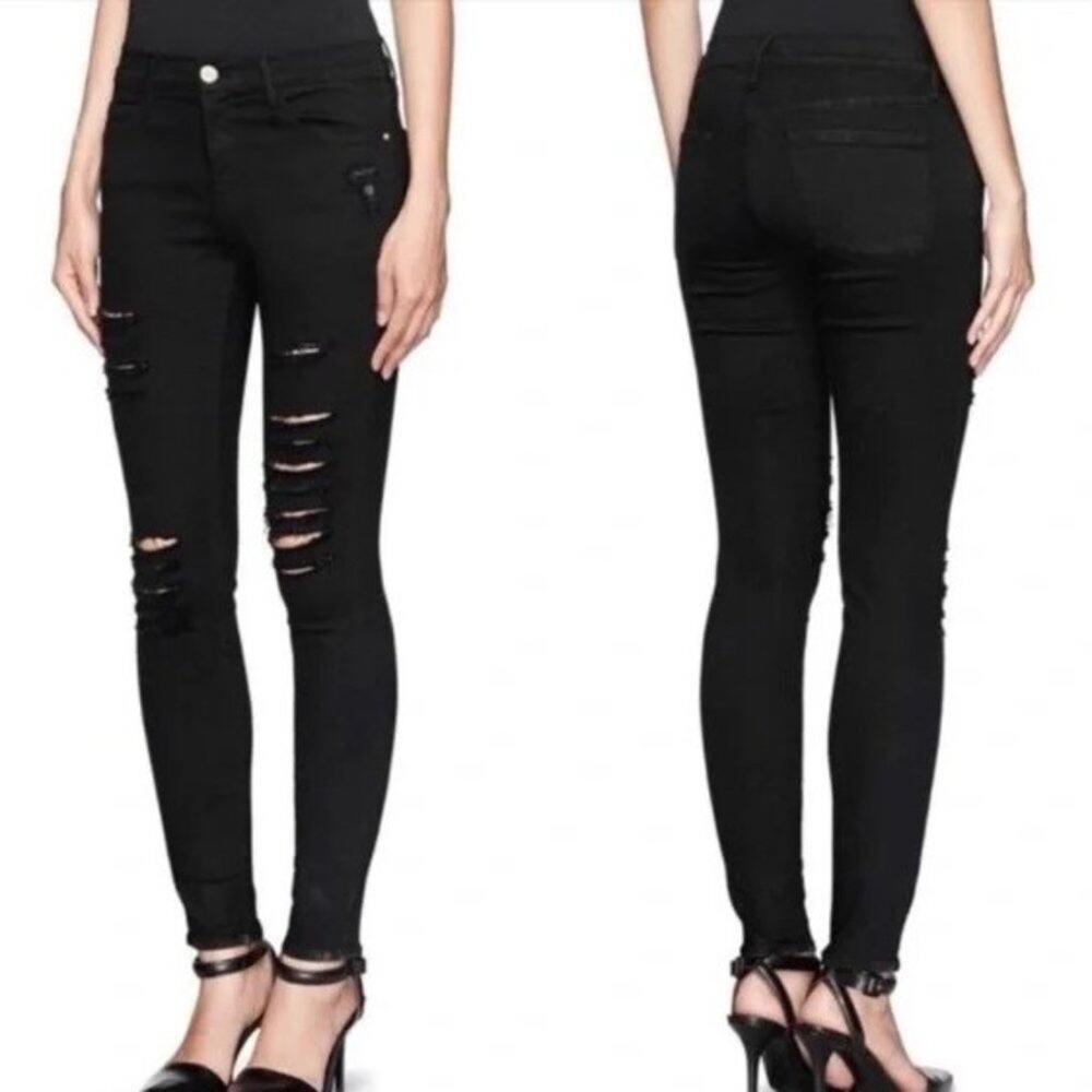 FRAME Le Skinny De Jeanne Distressed Stretch Jeans Womens 26 Black Denim